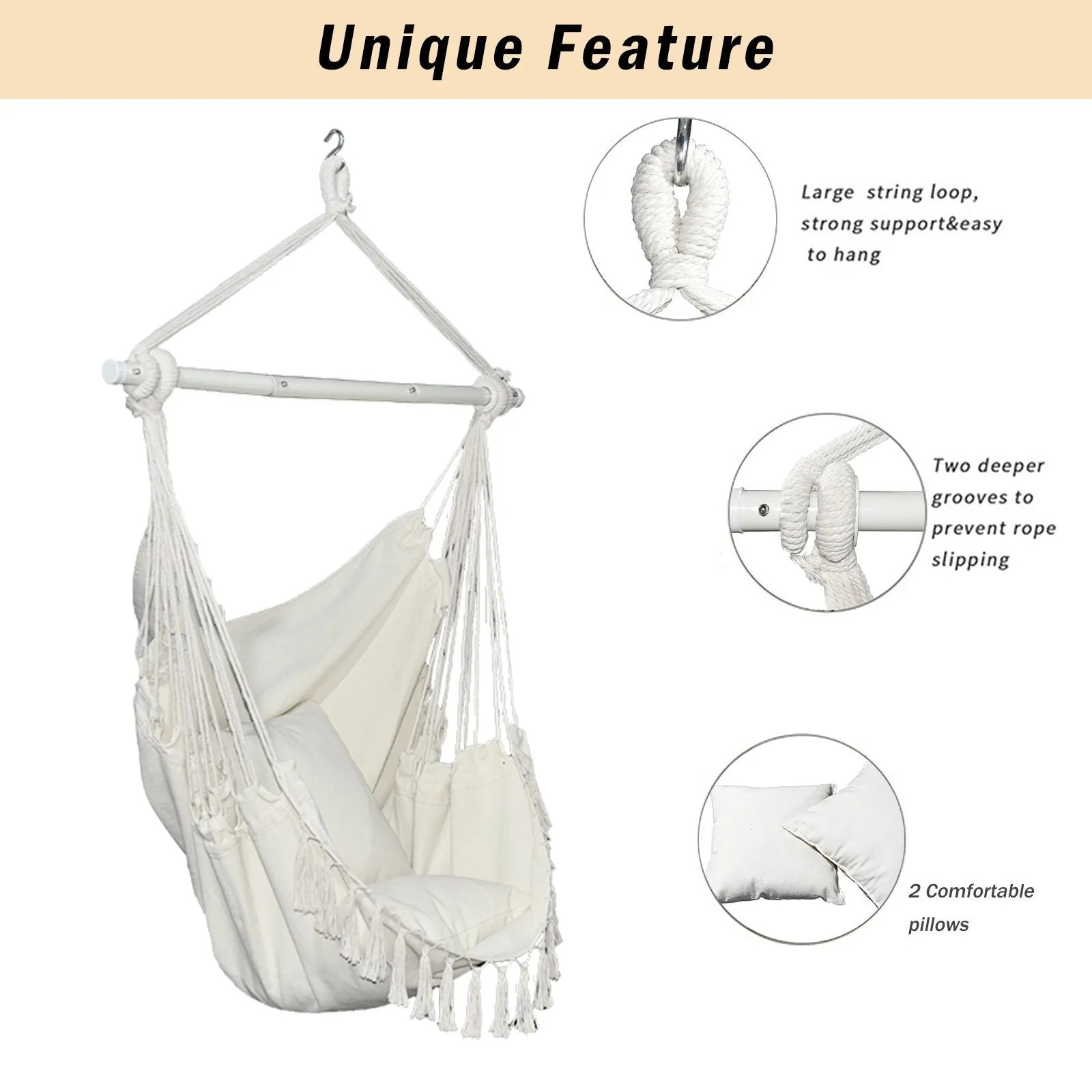 Hammock Chair Swing Seat with Detachable Metal Support Bar and 2 Seat Cushions