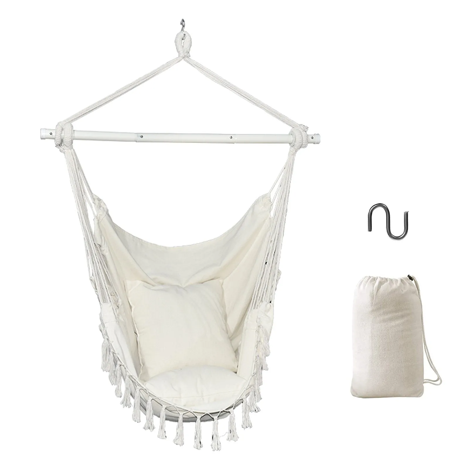 Hammock Chair Swing Seat with Detachable Metal Support Bar and 2 Seat Cushions