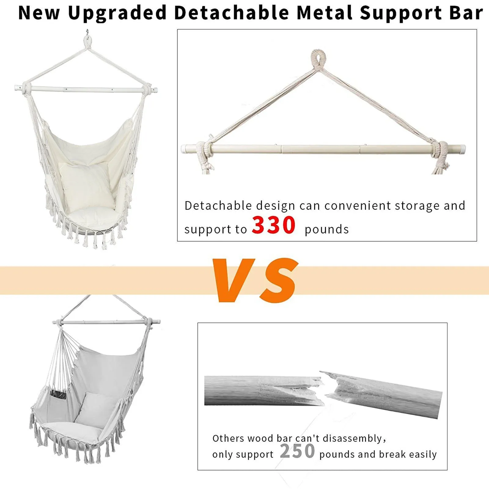 Hammock Chair Swing Seat with Detachable Metal Support Bar and 2 Seat Cushions