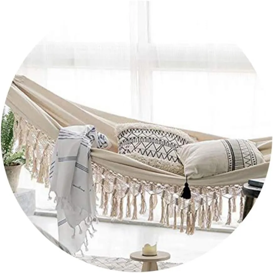 Hammock Double Nordic Style Wild Tassel Hammock Home Outdoor Leisure Aerial Swing Indoor Cotton Canvas Hanging Chair Hammock Outdoor