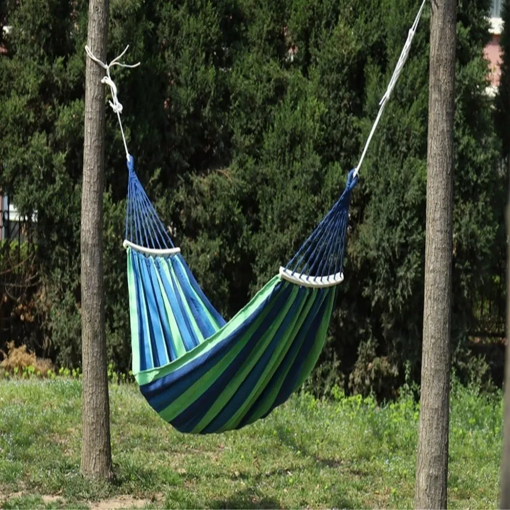 Hammock Double Outdoor Canvas Hammock, Bent Wooden Stick, Anti-Rollover Hammock, Outdoor Folding Hammock, Tied Rope Bag Hammock Outdoor(Blue,190 * 80 40cm)