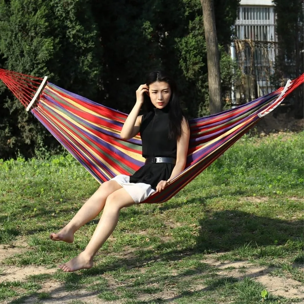 Hammock Double Outdoor Canvas Hammock, Bent Wooden Stick, Anti-Rollover Hammock, Outdoor Folding Hammock, Tied Rope Bag Hammock Outdoor(Blue,190 * 80 40cm)