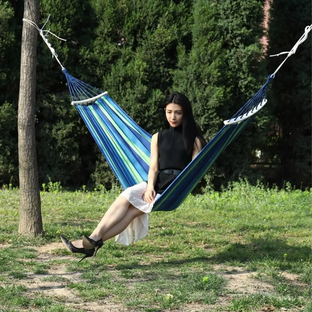 Hammock Double Outdoor Canvas Hammock, Bent Wooden Stick, Anti-Rollover Hammock, Outdoor Folding Hammock, Tied Rope Bag Hammock Outdoor(Blue,190 * 80 40cm)