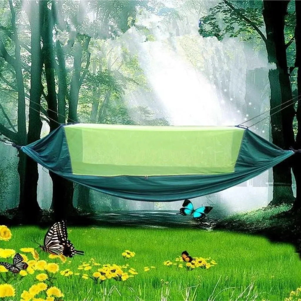 Hammock Double Outdoor Fully Automatic Quick-Opening Hammock with Mosquito Net, Outdoor Nylon Cloth Camping Pole Hammock Hammock Outdoor(Green)