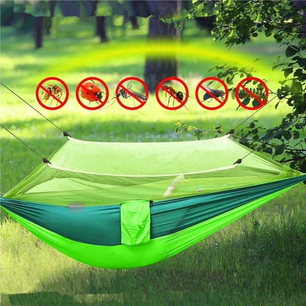 Hammock Double Outdoor Fully Automatic Quick-Opening Hammock with Mosquito Net, Outdoor Nylon Cloth Camping Pole Hammock Hammock Outdoor(Green)