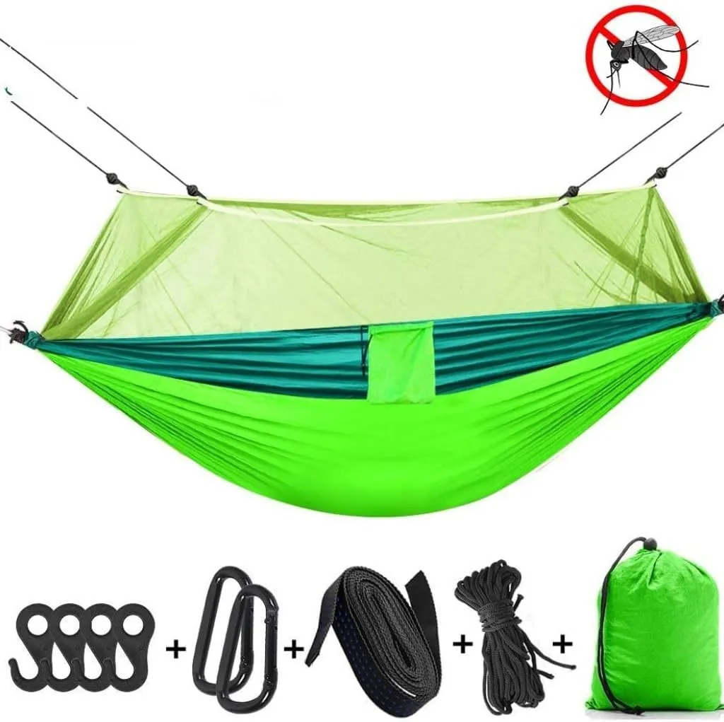 Hammock Double Outdoor Fully Automatic Quick-Opening Hammock with Mosquito Net, Outdoor Nylon Cloth Camping Pole Hammock Hammock Outdoor(Green)
