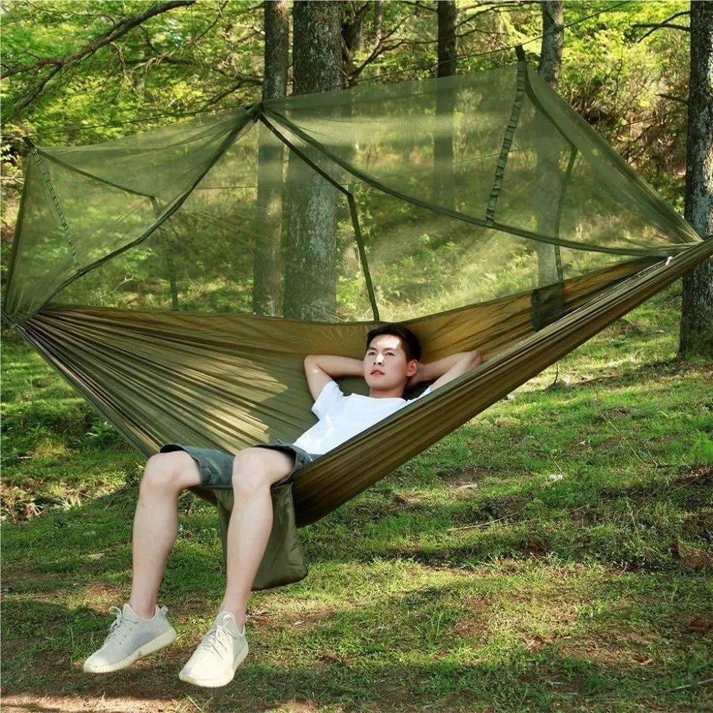 Hammock Double Outdoor Fully Automatic Quick-Opening Hammock with Mosquito Net, Outdoor Nylon Cloth Camping Pole Hammock Hammock Outdoor(Pink)