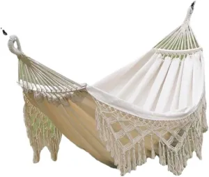 Hammock Double Outdoor Hammock Tassel Exotic Style Camping Lazy Hanging Basket Home Leisure Thickened Canvas Courtyard Swing Hammock Outdoor(B)