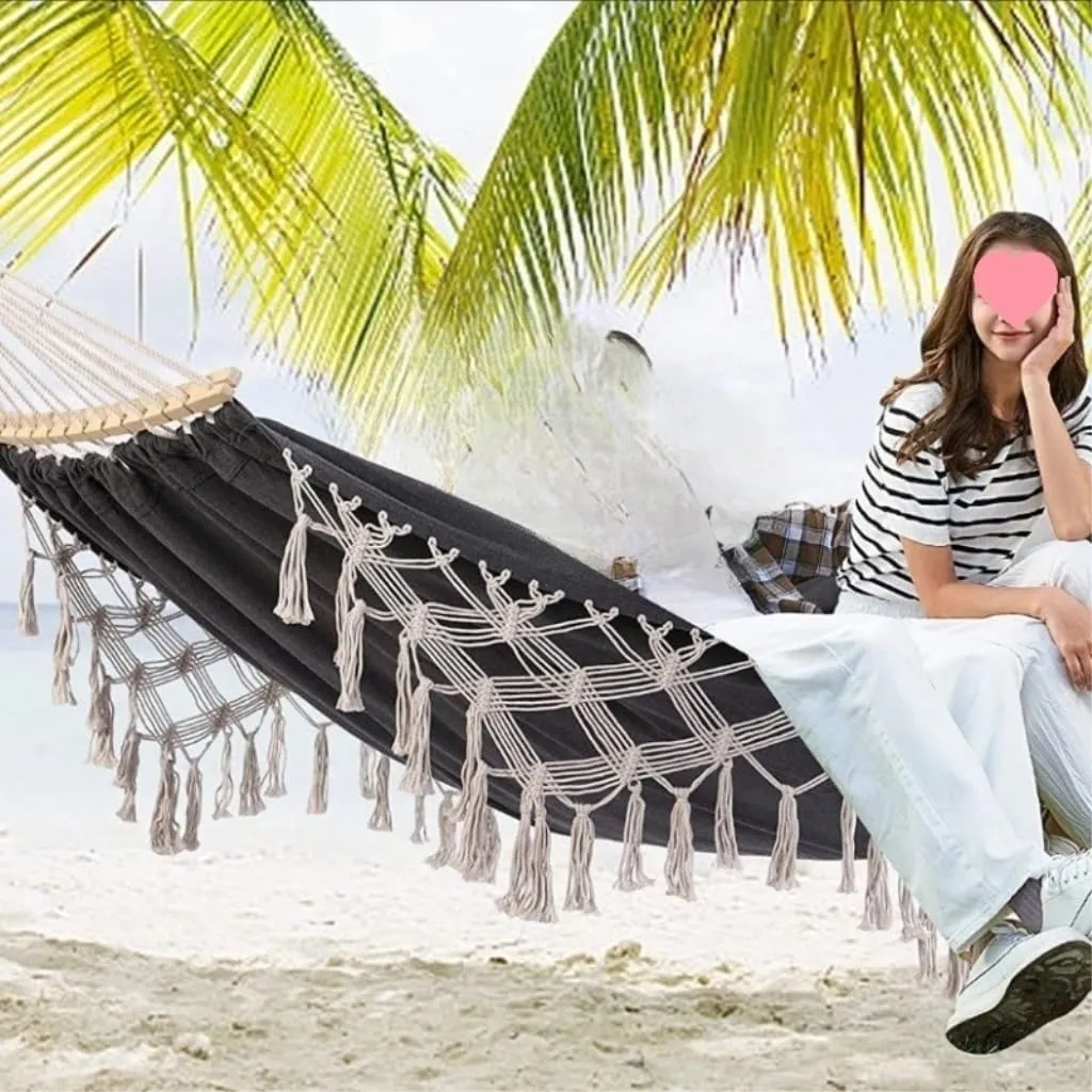 Hammock Double Outdoor Hammock Tassel Exotic Style Camping Lazy Hanging Basket Home Leisure Thickened Canvas Courtyard Swing Hammock Outdoor(B)