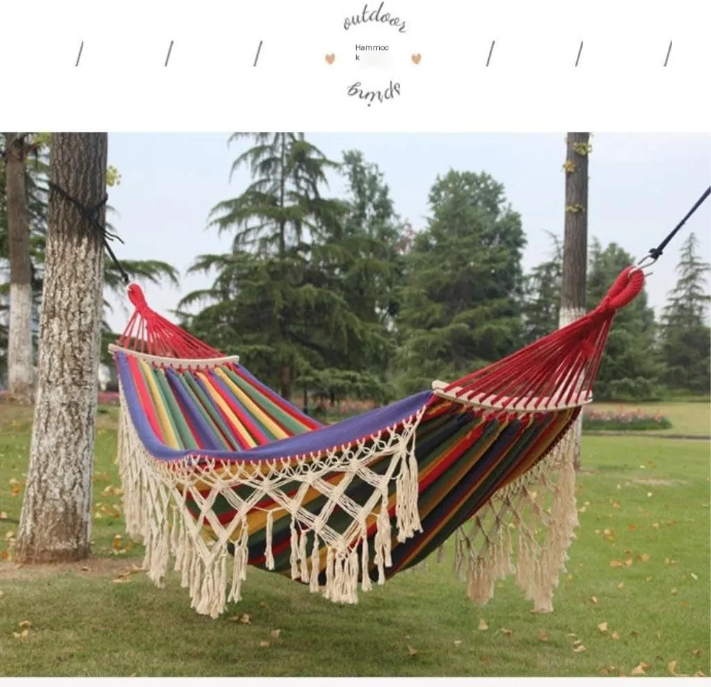 Hammock Double Outdoor Hammock Tassel Exotic Style Camping Lazy Hanging Basket Home Leisure Thickened Canvas Courtyard Swing Hammock Outdoor(B)