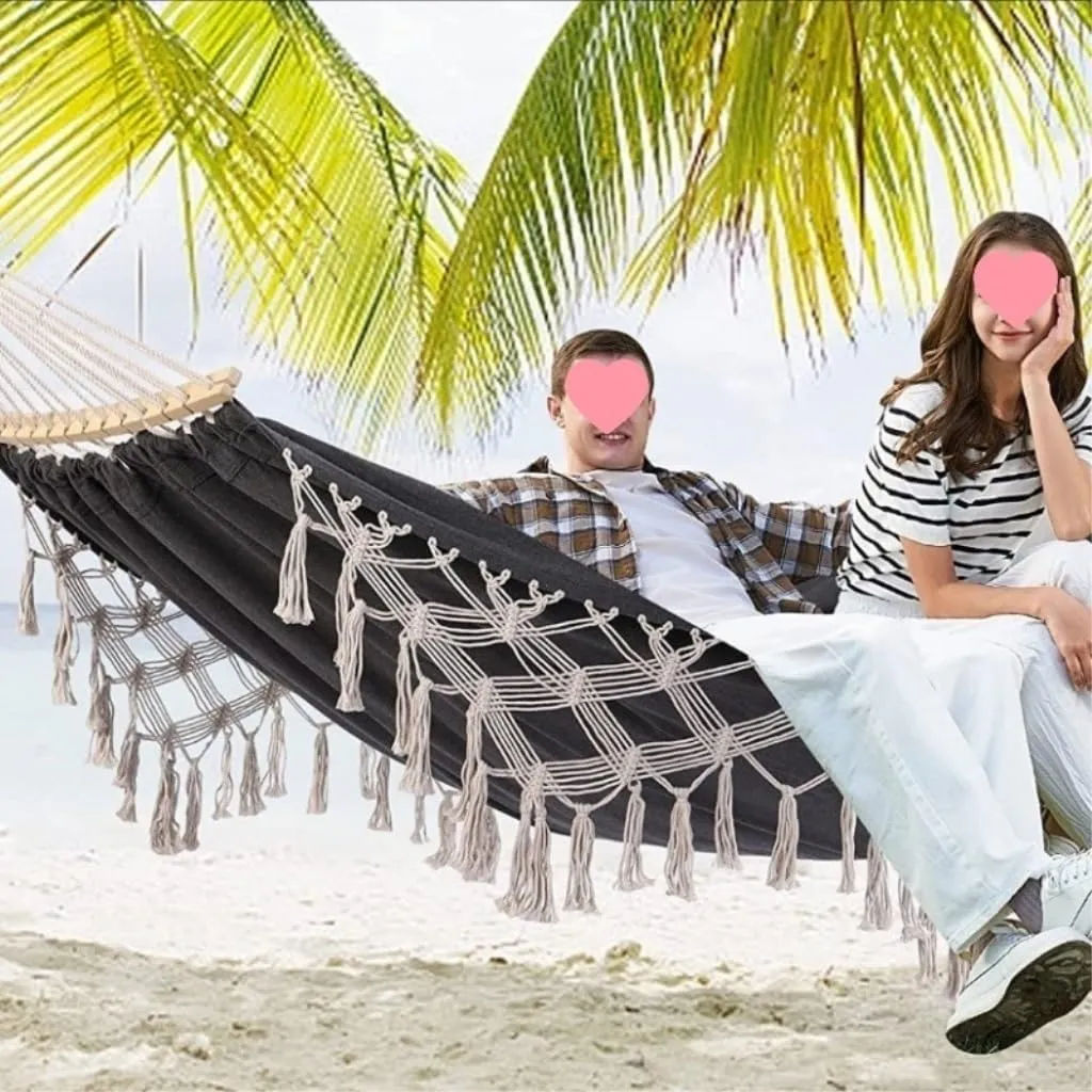 Hammock Double Outdoor Hammock Tassel Exotic Style Camping Lazy Hanging Basket Home Leisure Thickened Canvas Courtyard Swing Hammock Outdoor(B)