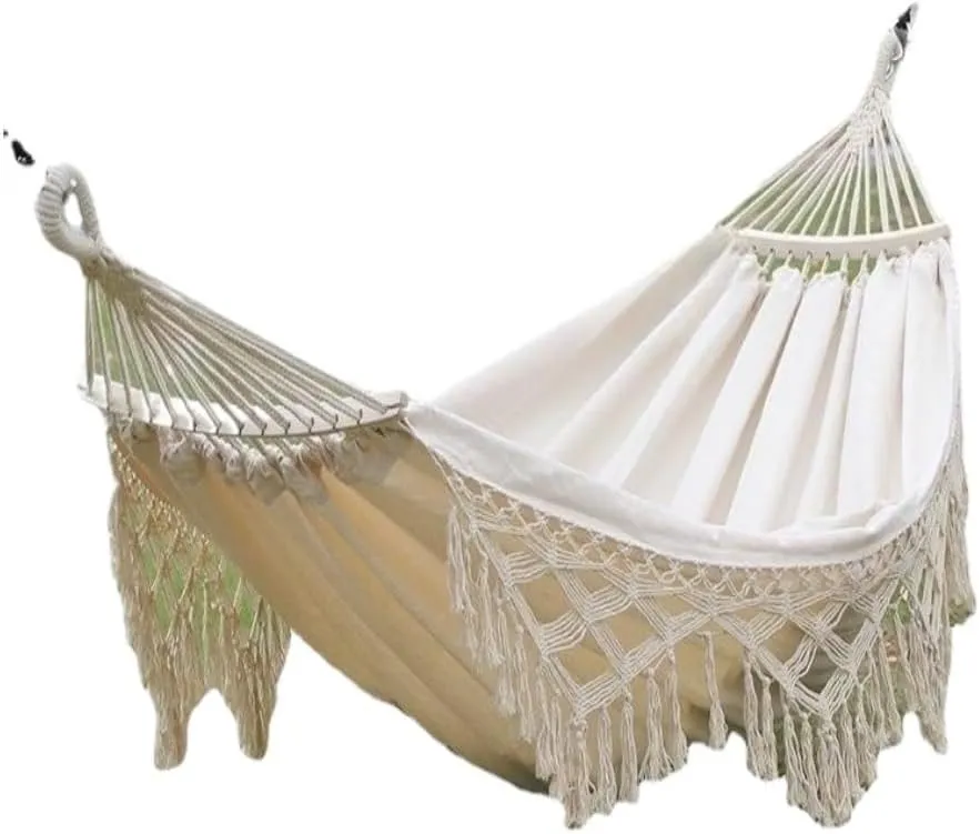 Hammock Double Outdoor Hammock Tassel Exotic Style Camping Lazy Hanging Basket Home Leisure Thickened Canvas Courtyard Swing Hammock Outdoor(B)