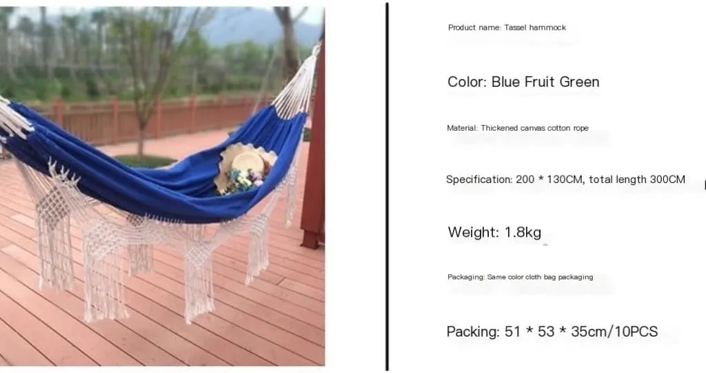 Hammock Double Outdoor Tassel Canvas Hammock Camping Beach Enlarged Double Swing Bohemian Outdoor Supplies Hanging Chair Hammock Outdoor(Green)