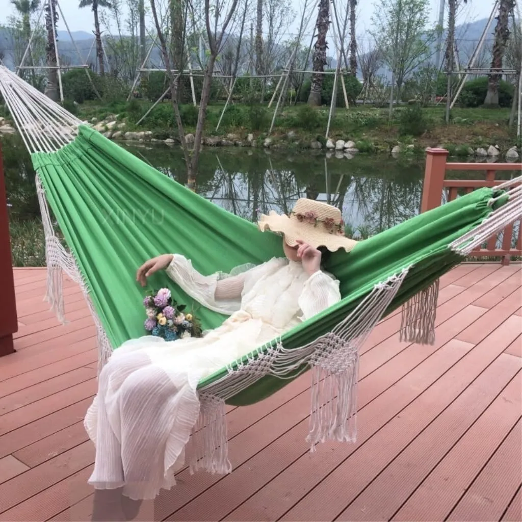 Hammock Double Outdoor Tassel Canvas Hammock Camping Beach Enlarged Double Swing Bohemian Outdoor Supplies Hanging Chair Hammock Outdoor(Green)