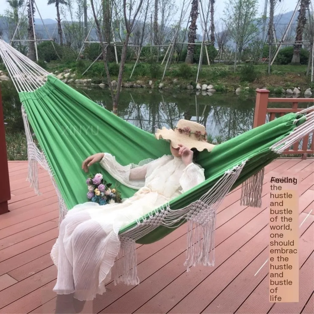 Hammock Double Outdoor Tassel Canvas Hammock Camping Beach Enlarged Double Swing Bohemian Outdoor Supplies Hanging Chair Hammock Outdoor(Green)