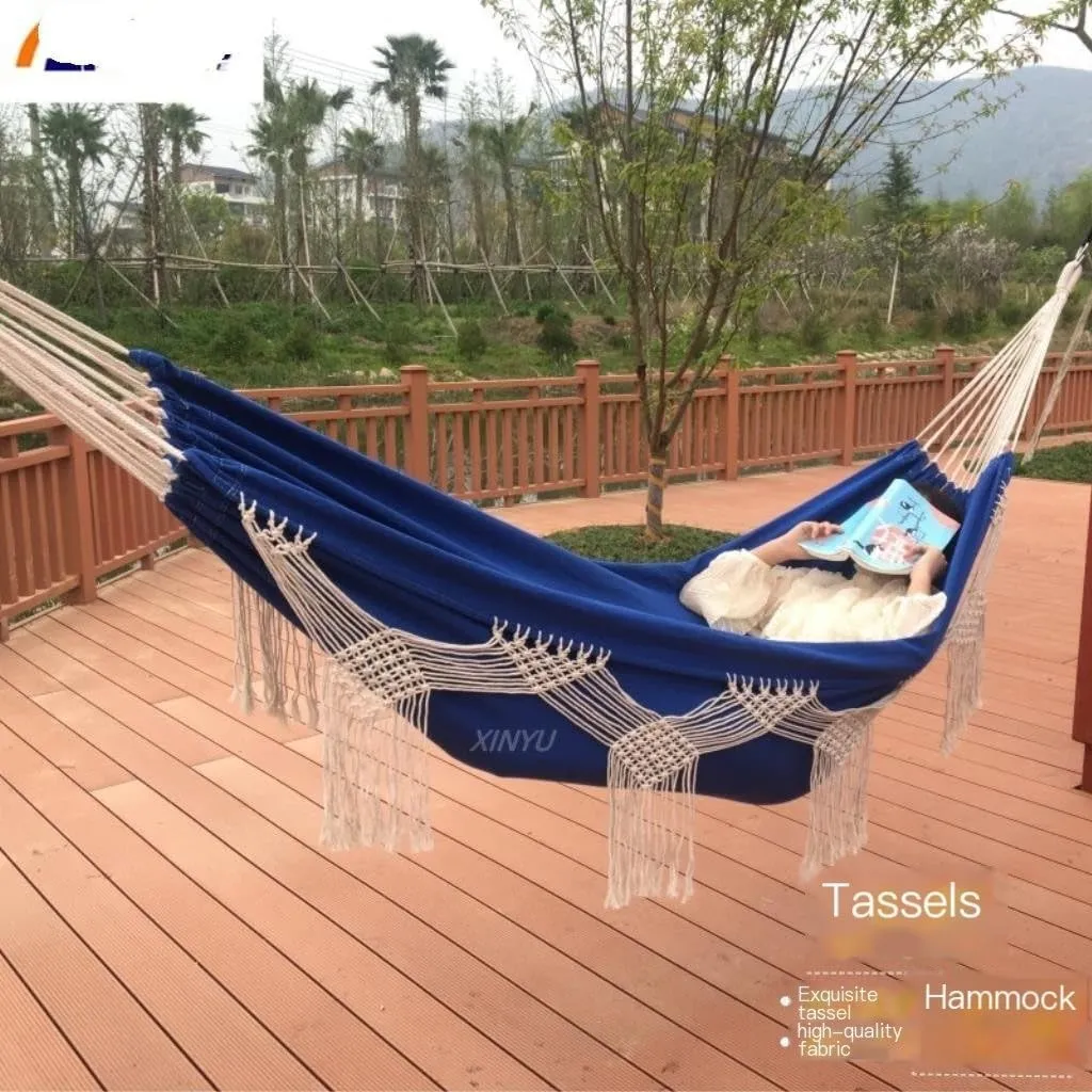 Hammock Double Outdoor Tassel Canvas Hammock Camping Beach Enlarged Double Swing Bohemian Outdoor Supplies Hanging Chair Hammock Outdoor(Green)