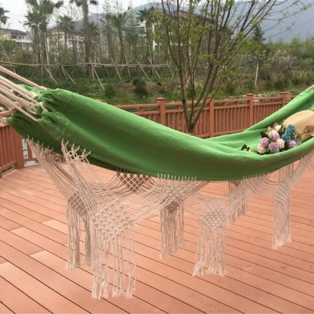 Hammock Double Outdoor Tassel Canvas Hammock Camping Beach Enlarged Double Swing Bohemian Outdoor Supplies Hanging Chair Hammock Outdoor(Green)