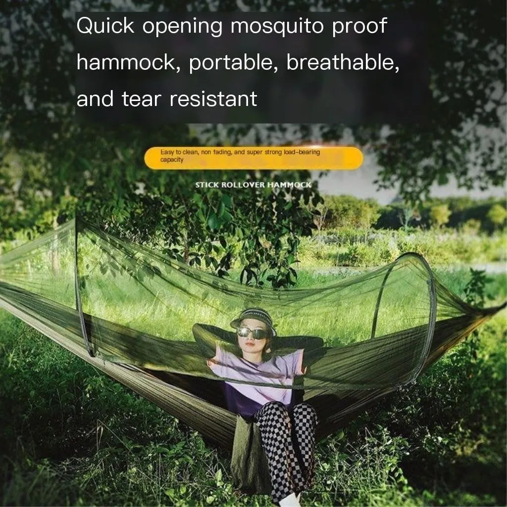 Hammock Double Quick-Open Mosquito Net Hammock Outdoor Anti-Rollover Single and Double Outdoor Camping Anti-Mosquito Hammock Outdoor(Green,A)