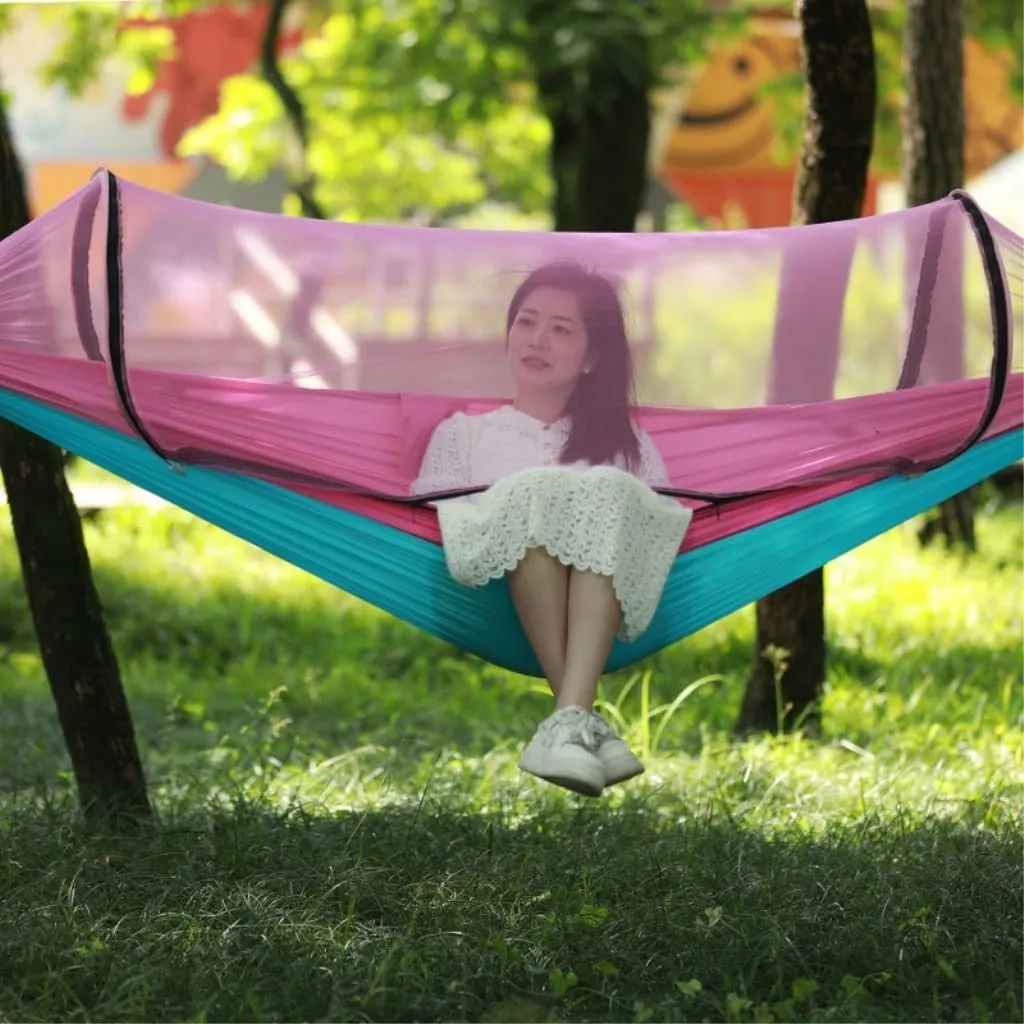 Hammock Double Quick-Open Outdoor Hammock Sunshade Anti-Rollover Single and Double Mosquito Net Easy to Carry Camping Swing Hammock Outdoor(Pink)