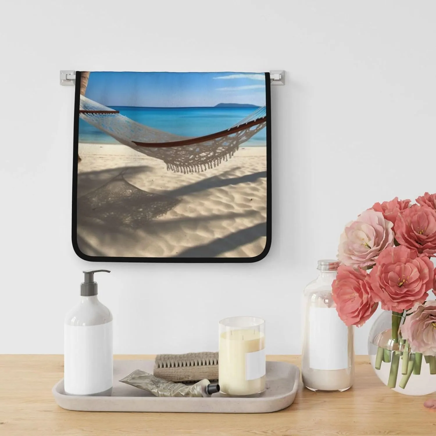 Hammock Hanging from Palm Trees Printed Coral Velvet Towel Microfiber Towel