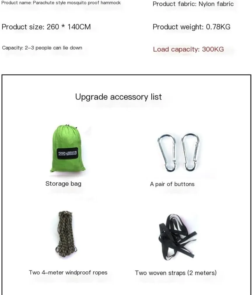 Hammock Outdoor Anti-Mosquito Hammock Automatic Quick Opening with Mosquito Net Parachute Cloth Single Double Hammocks for Outside(Green,B)
