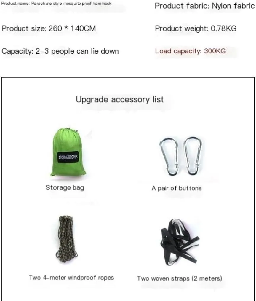 Hammock Outdoor Anti-Mosquito Hammock Automatic Quick Opening with Mosquito Net Parachute Cloth Single Double Hammocks for Outside(Green,B)