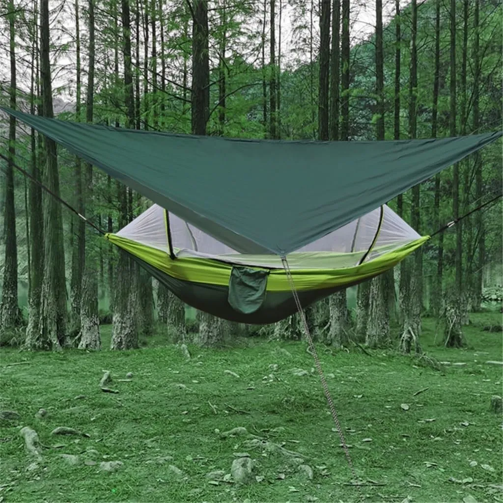 Hammock Outdoor Automatic Quick-Opening Mosquito Net Hammock Canopy Parachute Cloth Pole Mosquito Net Hammock Hammocks for Outside(Green)