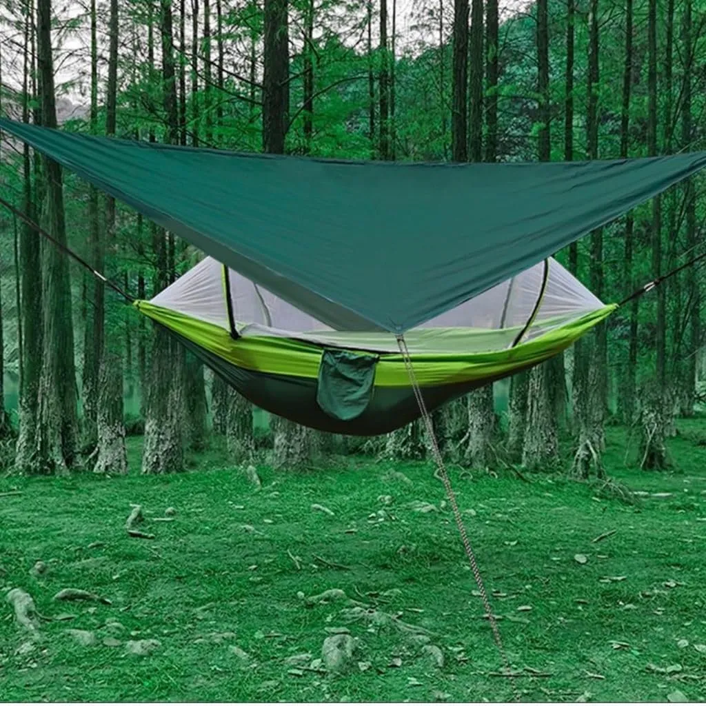 Hammock Outdoor Automatic Quick-Opening Mosquito Net Hammock Canopy Parachute Cloth Pole Mosquito Net Hammock Hammocks for Outside(Green)