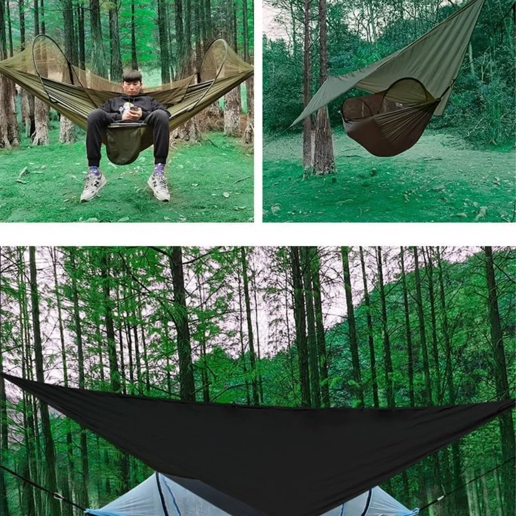 Hammock Outdoor Automatic Quick-Opening Mosquito Net Hammock Canopy Parachute Cloth Pole Mosquito Net Hammock Hammocks for Outside(Green)