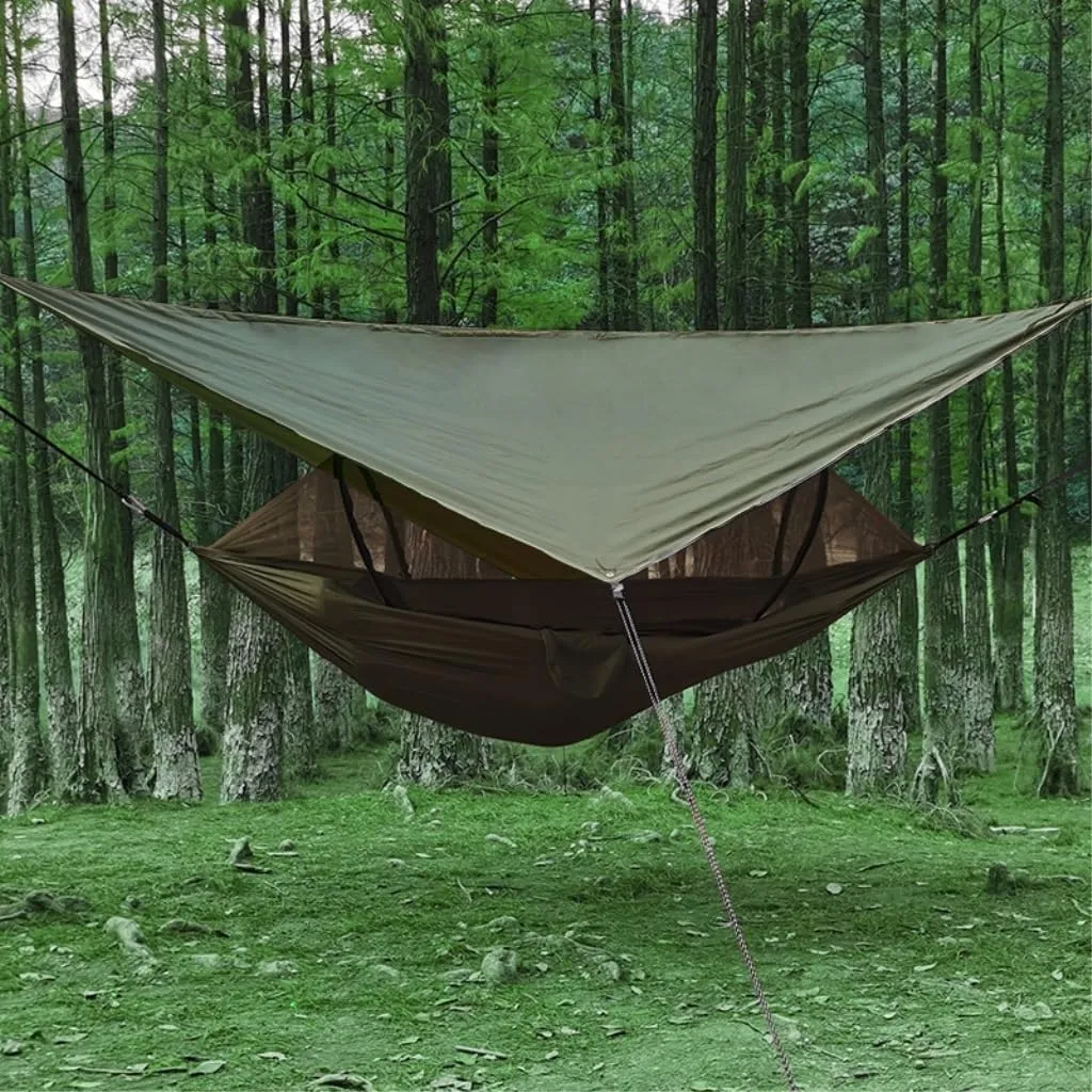 Hammock Outdoor Automatic Quick-Opening Mosquito Net Hammock Canopy Parachute Cloth Pole Mosquito Net Hammock Hammocks for Outside(Green)