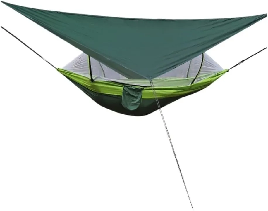 Hammock Outdoor Automatic Quick-Opening Mosquito Net Hammock Canopy Parachute Cloth Pole Mosquito Net Hammock Hammocks for Outside(Green)