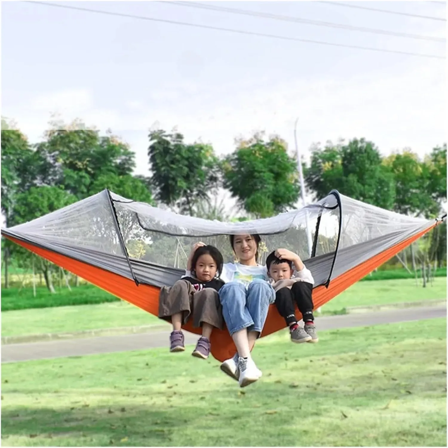 Hammock Outdoor Portable Quick Opening Mosquito Proof Swing Camping Adult Thick Hanging Chair Anti Rollover for Terrace, Outdoor(Orange Grey)