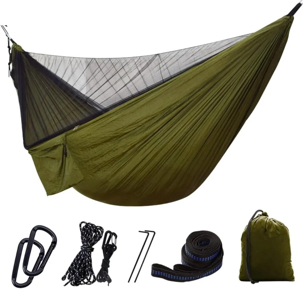 Hammock Quick-Release Hammock with Mosquito Net Hanging Sheet Double Parachute Cloth Anti-Rollover Camping Hammock Hammocks for Outside(B)
