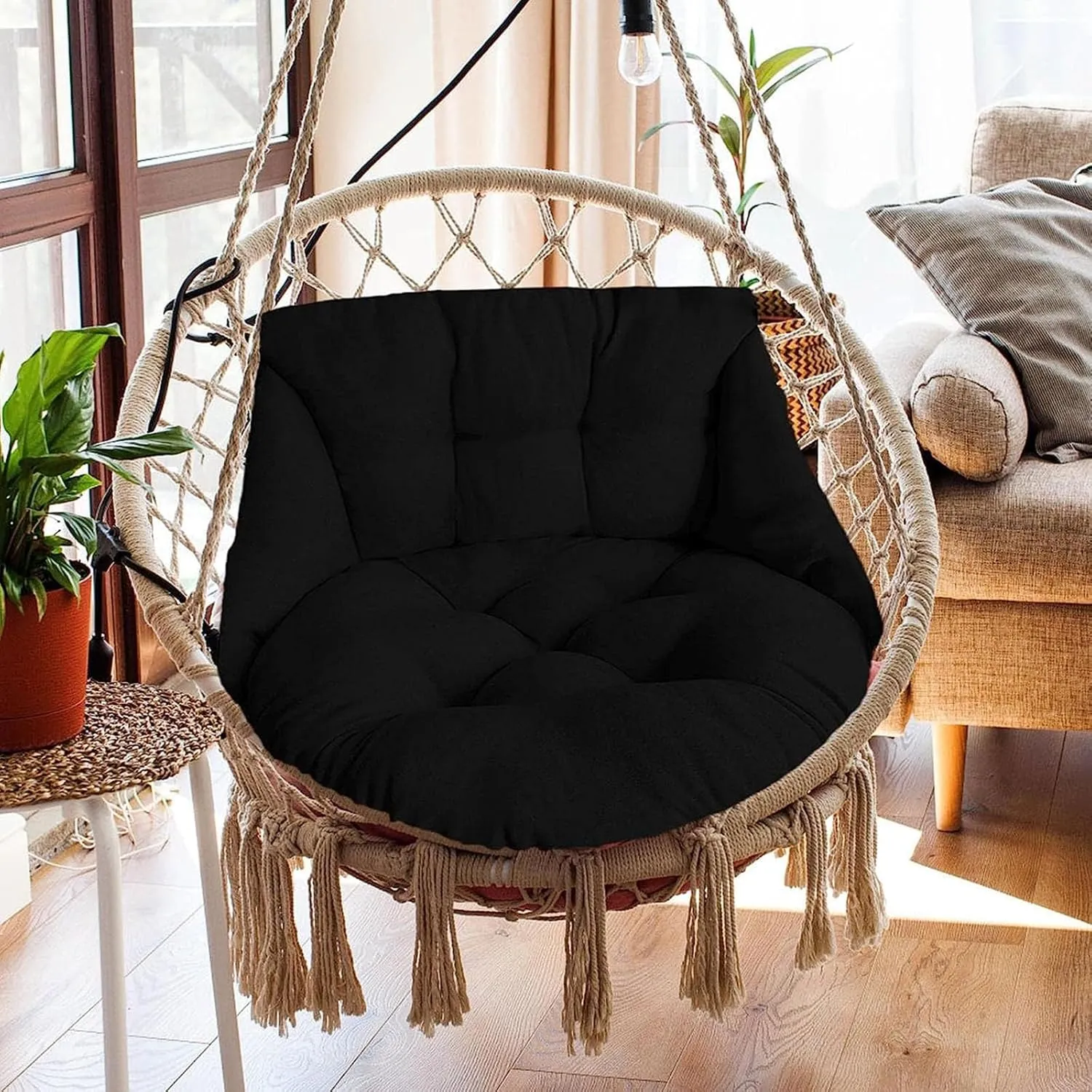 Hammock Swing Chair - Hanging Basket Seat, Thick Washable Cushions, Waterproof & Sun-Resistant, Black