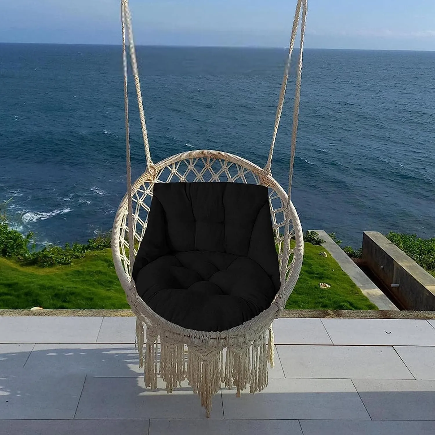 Hammock Swing Chair - Hanging Basket Seat, Thick Washable Cushions, Waterproof & Sun-Resistant, Black