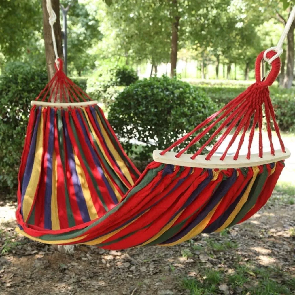 Hammocks Outdoor Thickened Canvas Outdoor Bent Wooden Stick Hanging Sheet Double Hammock Swing Dormitory Camping Camping Hammocks(Red,B)