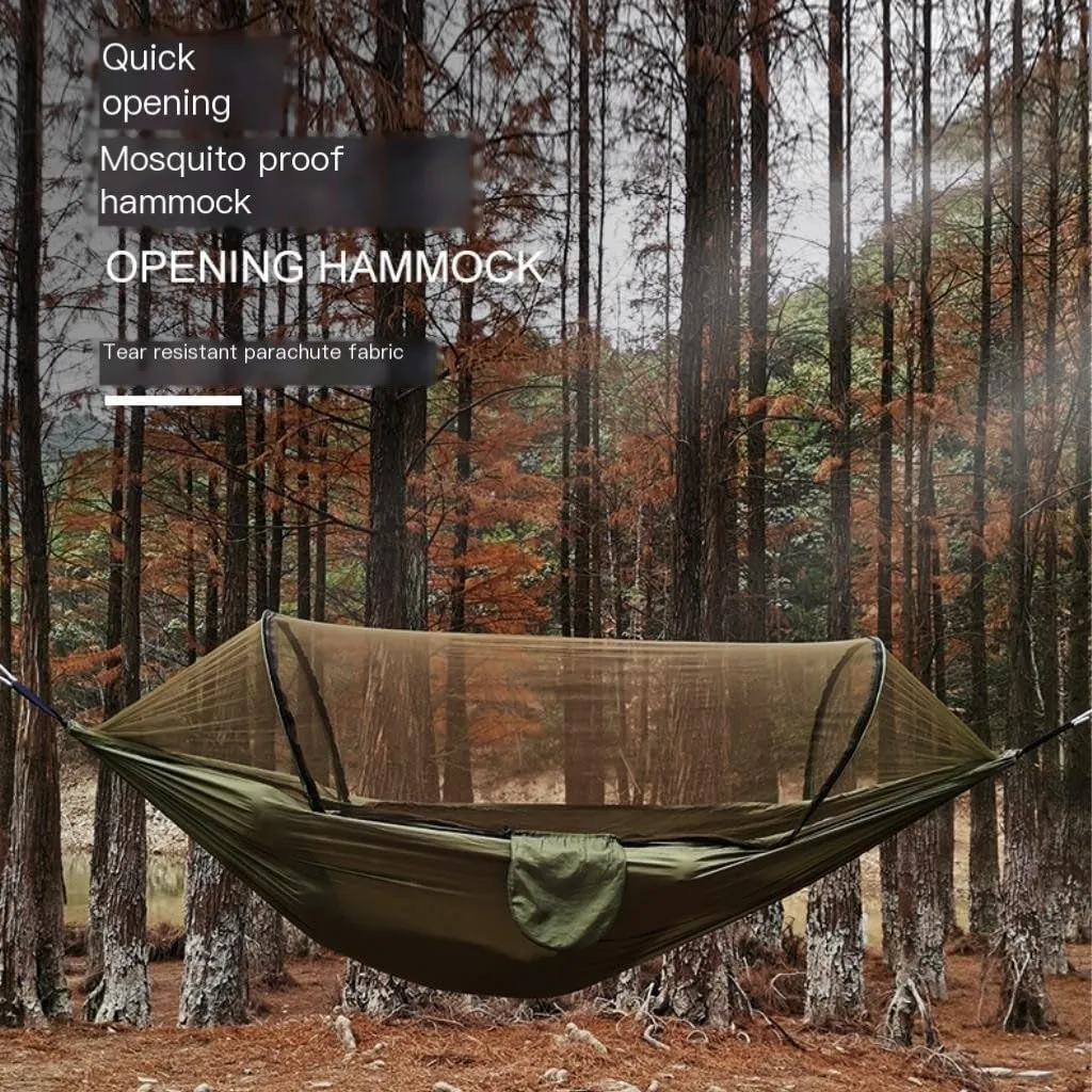 Hamock Automatic Quick-Opening Mosquito Net Hammock Outdoor Camping Anti-Rollover Nylon Hammock with Mosquito Net Hanmock(Green)