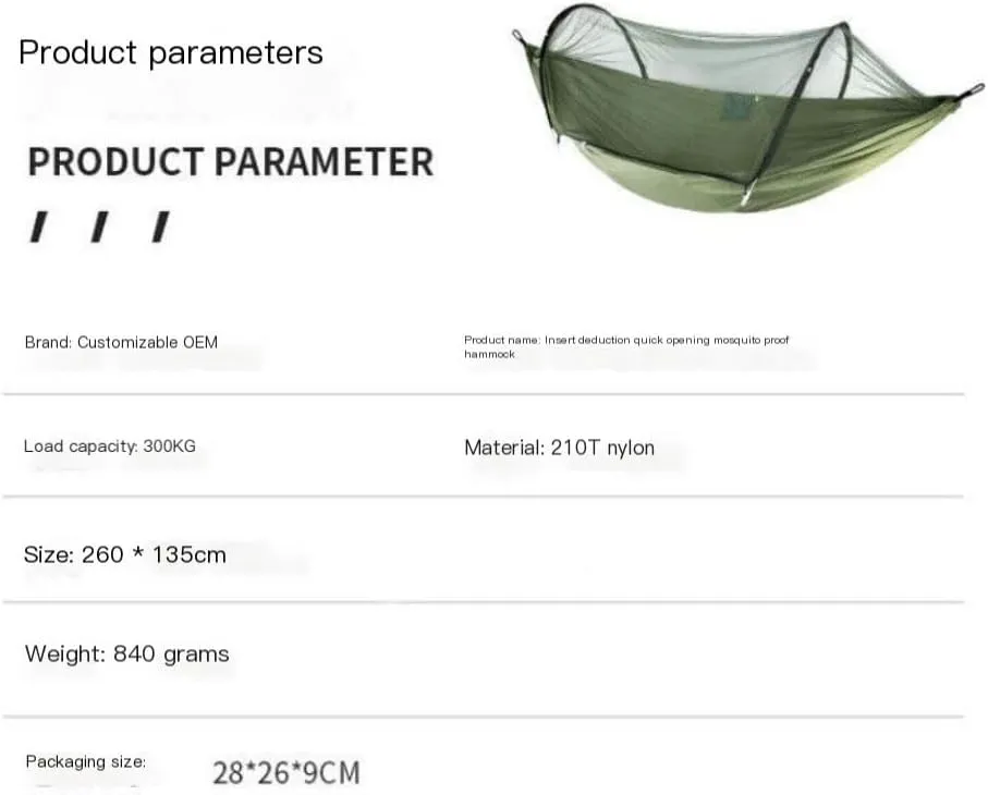 Hamock Outdoor Anti-Mosquito Hammock Automatic Quick Opening with Mosquito Net Parachute Cloth Single Double Hanmock(F)