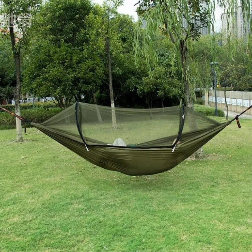 Hamock Outdoor Anti-Mosquito Hammock Automatic Quick Opening with Mosquito Net Parachute Cloth Single Double Hanmock(F)