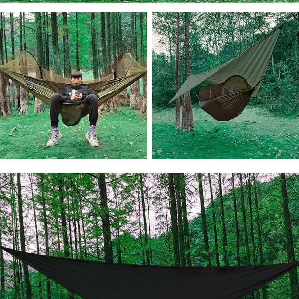 Hamock Outdoor Automatic Quick-Opening Mosquito Net Hammock Canopy Parachute Cloth Pole Mosquito Net Hammock Hanmock(Black)
