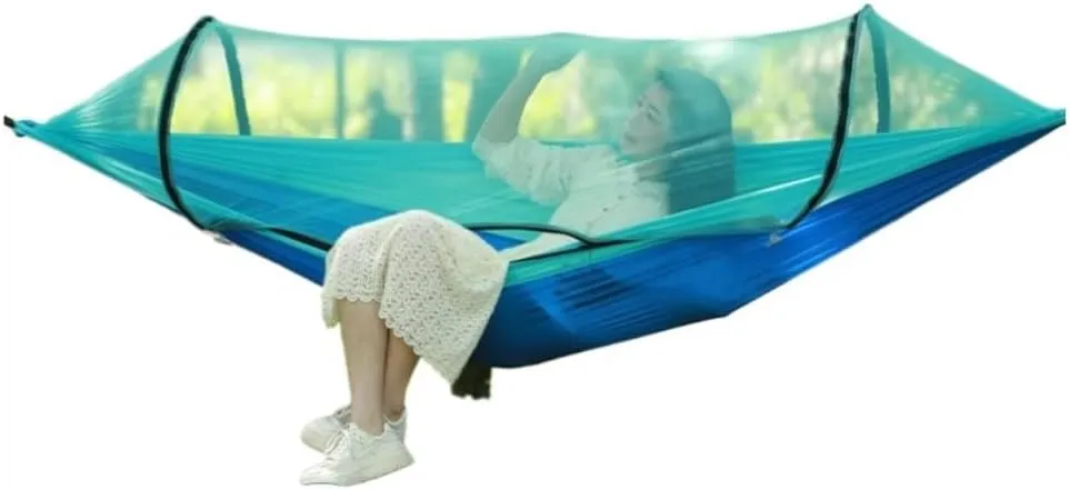 Hamock Quick-Open Outdoor Hammock Sunshade Anti-Rollover Single and Double Mosquito Net Easy to Carry Camping Swing Hanmock(Blue)