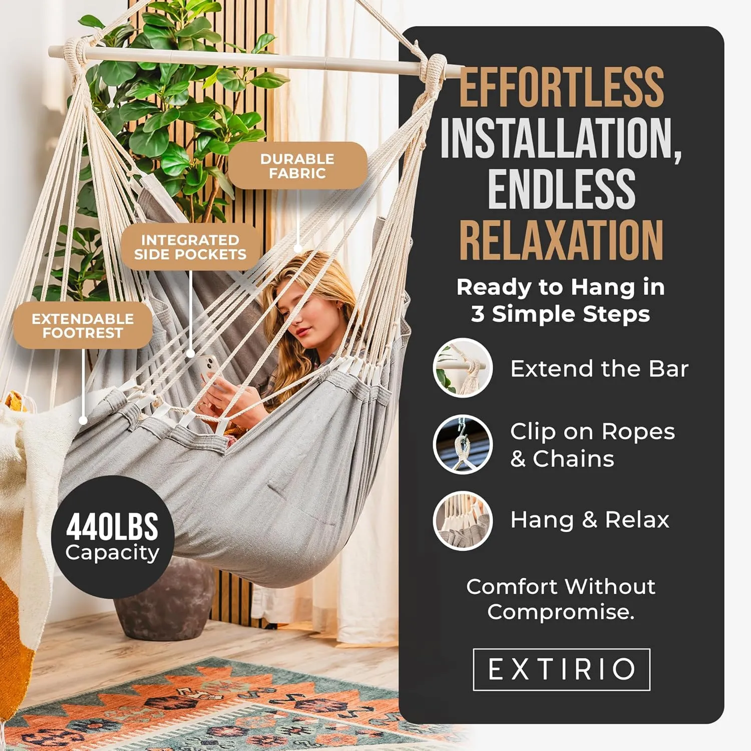 Hanging Hammock Chair with Footrest – Outdoor & Indoor - Hammock Swing Chair – Quick & Easy Assembly – Durable & Spacious Full Body Support – 440lbs Capacity – Hanging Kit Included