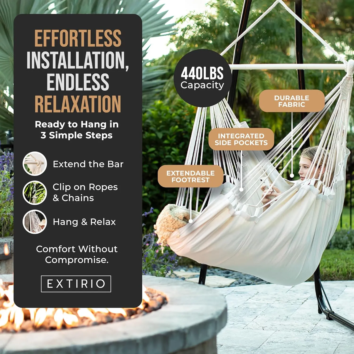 Hanging Hammock Chair with Footrest – Outdoor & Indoor - Hammock Swing Chair – Quick & Easy Assembly – Durable & Spacious Full Body Support – 440lbs Capacity – Hanging Kit Included