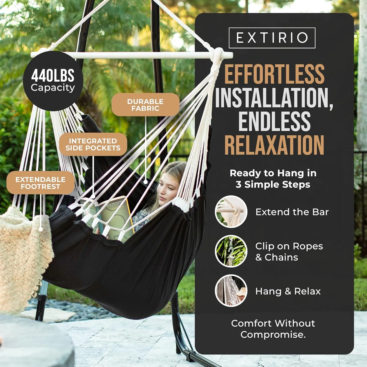Hanging Hammock Chair with Footrest – Outdoor & Indoor - Hammock Swing Chair – Quick & Easy Assembly – Durable & Spacious Full Body Support – 440lbs Capacity – Hanging Kit Included