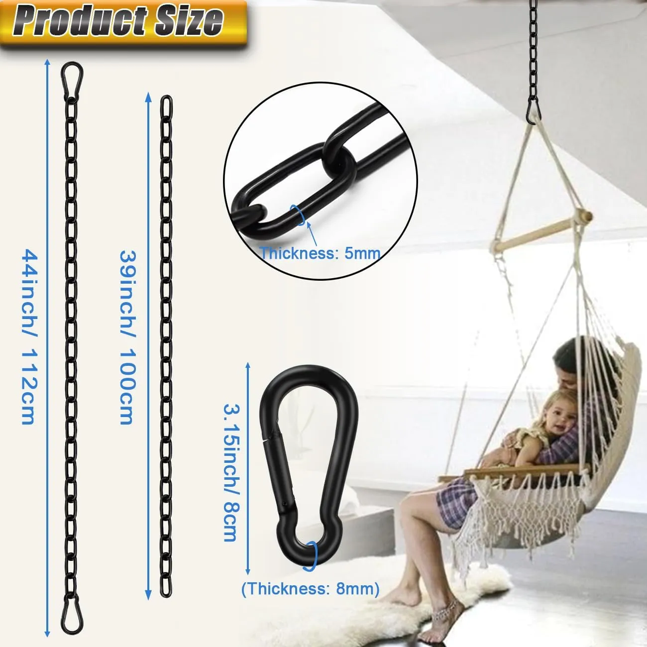 Hanging Swing Chain 44in, 2Pcs Stainless Steel Chain 660LB Capacity, Hanging Chain Extension, Heavy Duty Chains for Punching, Boxing Bag
