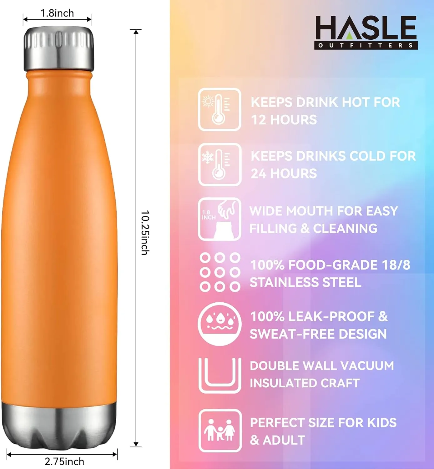 HASLE OUTFITTERS 17oz Stainless Steel Water Bottles Bulk, Vacuum Insulated Water Bottles Double Walled Powder Coated Reusable Metal Sports Water Bottles Keep Drinks Hot and Cold, Orange, 4Packs