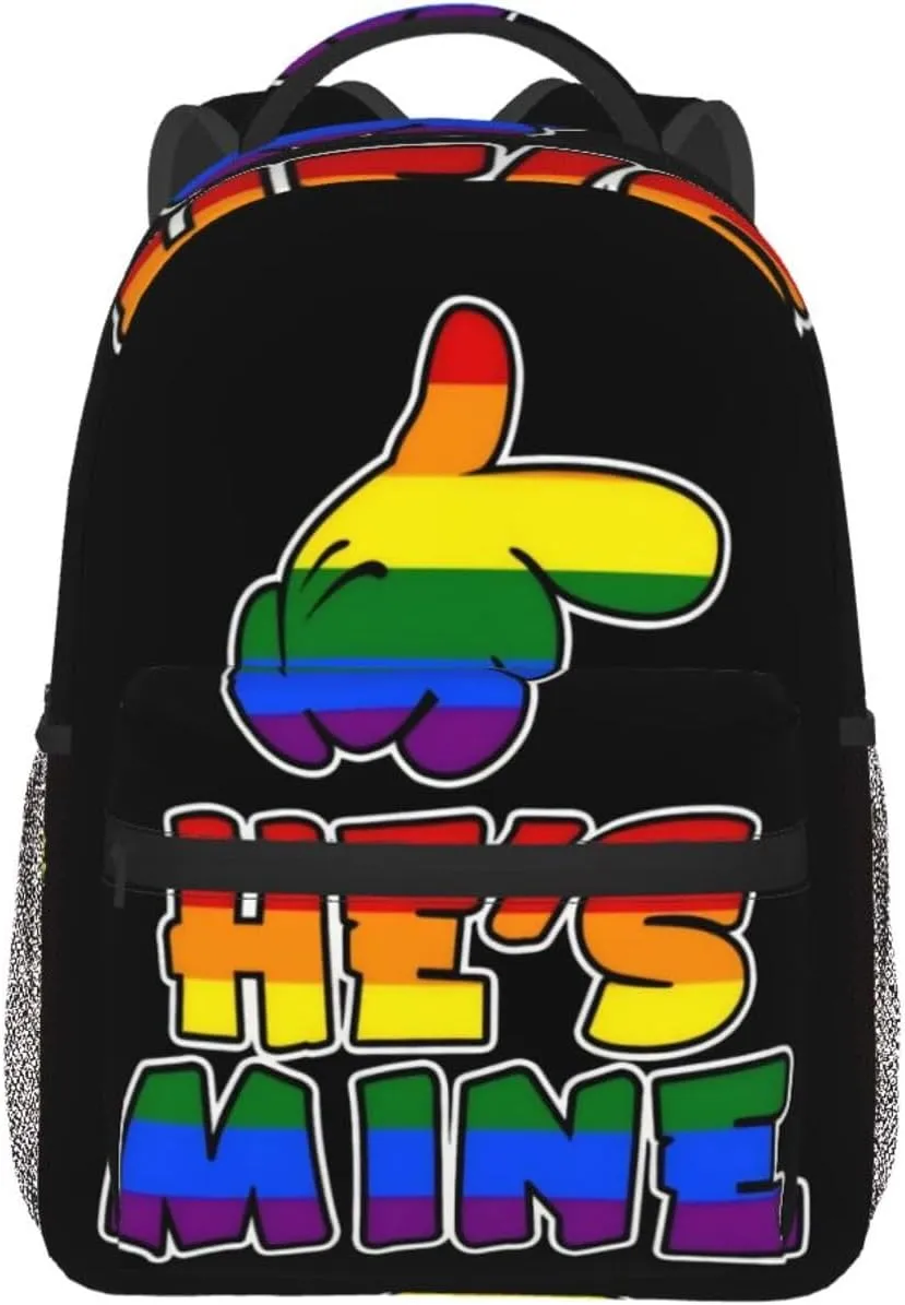 He's Mine Gay LGBT Pride Rainbow Backpack Lightweight Laptop Backpack Casual Daypack Travel Double Shoulder Bag For Women Men