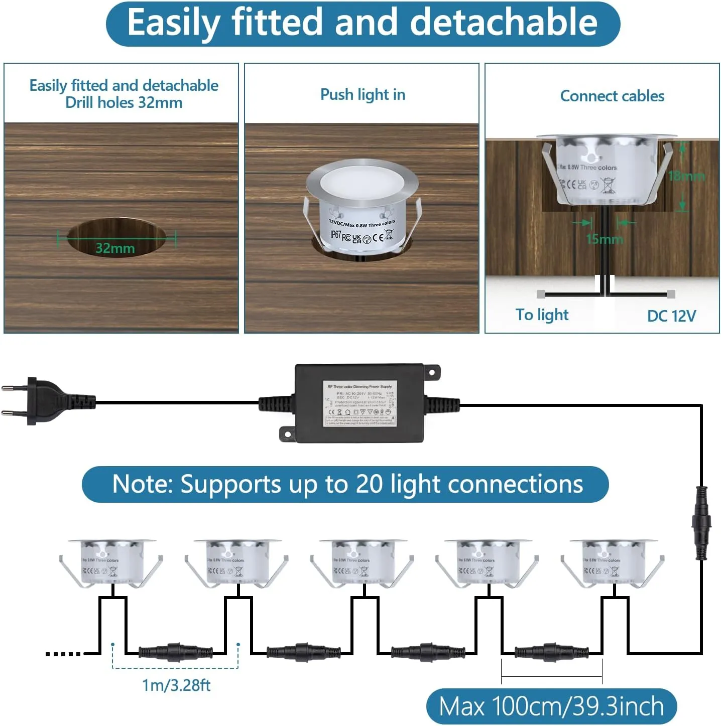 HIBOITEC Recessed LED Deck Light Kits with Remote Control φ42mm, 10 Pack Deck Lighting IP67 Waterproof, 12V Low Voltage In Ground Outdoor LED Landscape Lighting for Yard, Garden, Patio, Stair