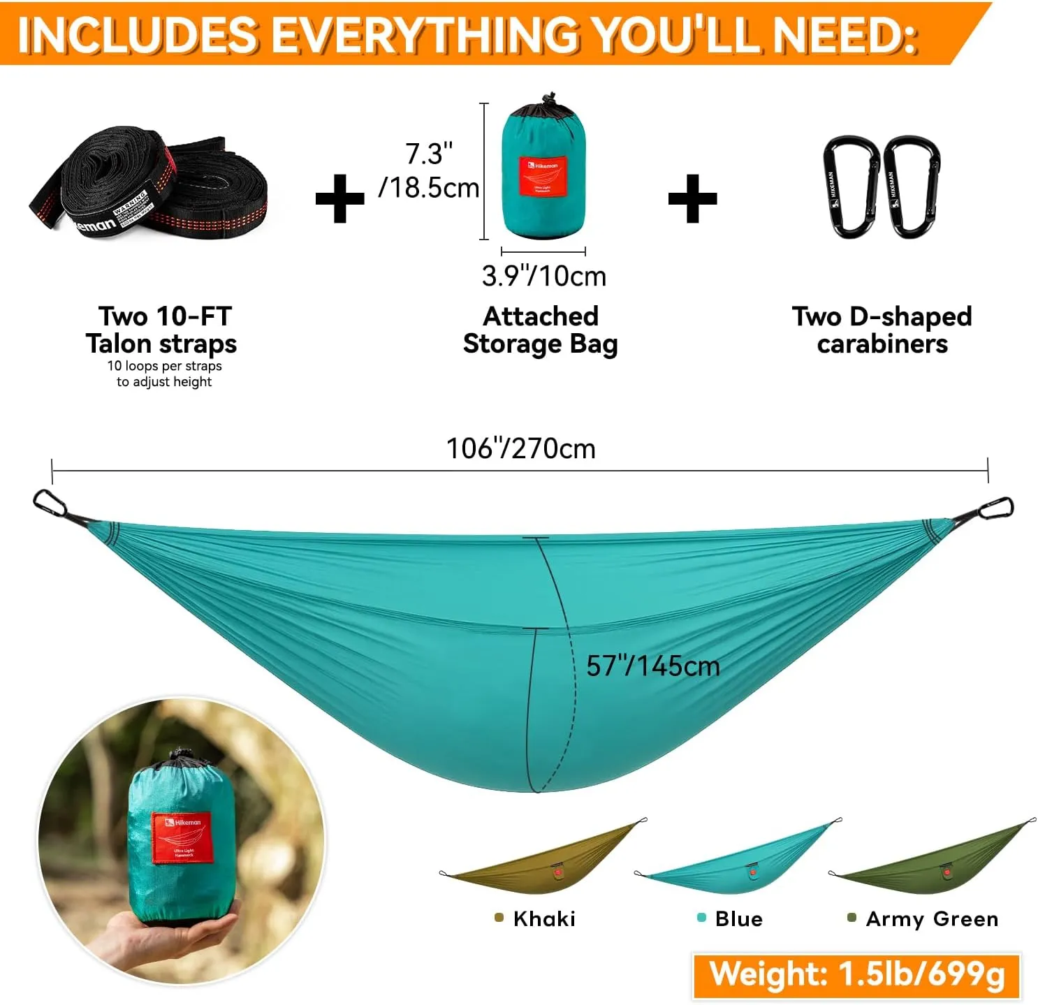 HIKEMAN Hammock for Camping Hammocks Gear for Outdoors Backpacking Survival or Travel - Portable Lightweight Nylon - Up to 440lbs(Khaki)