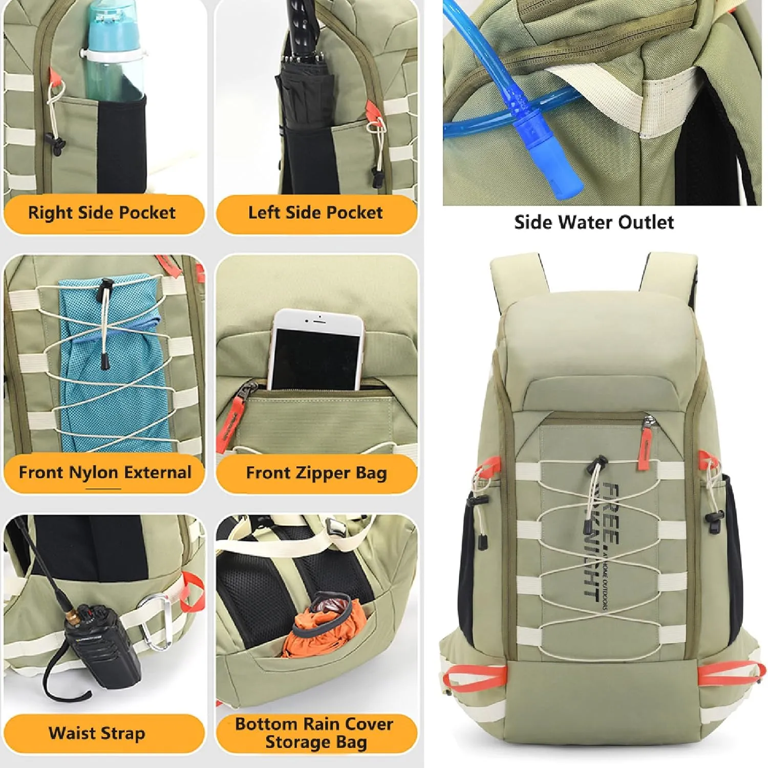 Hiking Backpack Waterproof Lightweight Casual Daypack with Rain Cover, Outdoor Sport Travel Camping Bag,Light gray,40L